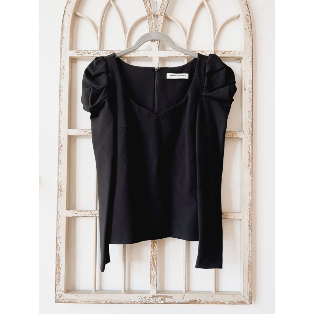 Amanda Uprichard Black Long Sleeve Puff Shoulder Blouse